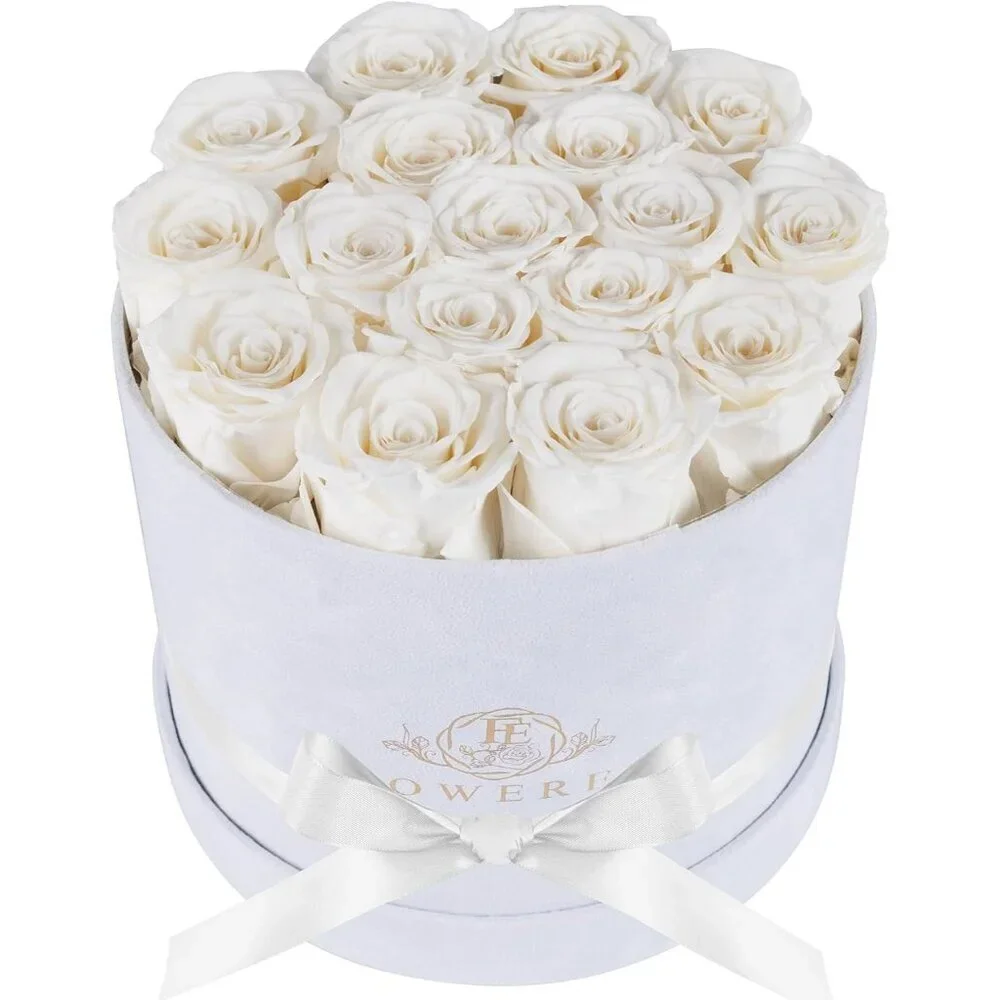 17 Flowers in a Luxury Suede Gift Box Birthday Gifts Preserved Flowers White